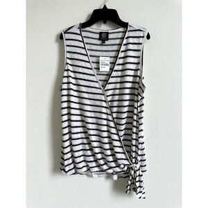 BOBEAU women's L Faux Wrap Side Tie Tank In White/navy/taupe sleeveless v neck